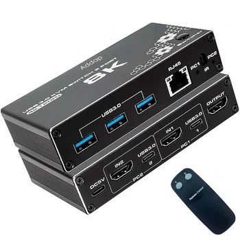 8K HDMI KVM Свитч на 2 компьютера Addap KVMS-03 | USB 3.0 Переключатель на 2 порта, RJ45 Ethernet, 8K 30Hz, 4K 120Hz