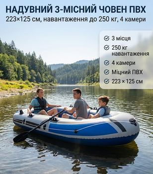 Надувная лодка трехместная JR на 3 человека ПВХ 223×125×40 см грузоподъемность 250 кг с веслами и насосом