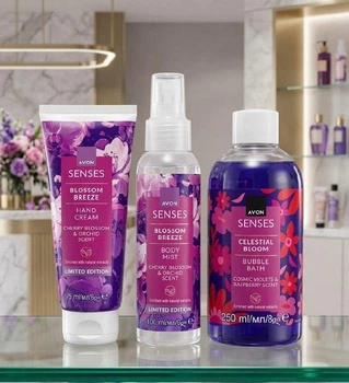 Парфюмерный набор для ухода Avon Senses: крем для рук, спрей-мист, пена для ванны (Косметика Эйвон)