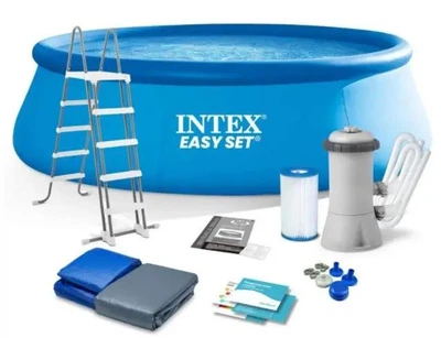 Семейный надувной бассейн Intex Easy Set 26166 + лестница, фильтр-насос, тент, подстилка, 457 x 107 см, быстрая сборка, компактное хранение, голубой