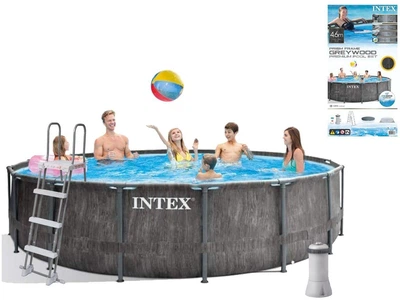 Круглий каркасний басейн Intex 26742 + сходи, фільтр-насос, тент, підстилка, 457х122 см, міцна чаша із ПВХ, для всієї родини, сірий