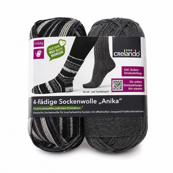 Набор пряжи для носков Crelando Anika 4-fädige Sockenwolle 2×100 г Black/Grey