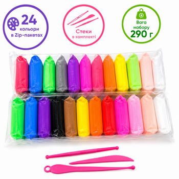 Воздушный пластилин Super Light Clay 24 цвета со стеками набор 290г
