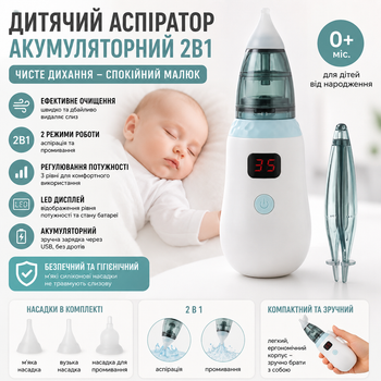 Аспіратор дитячий акумуляторний 2в1 з LED дисплеєм та регулятором потужності
