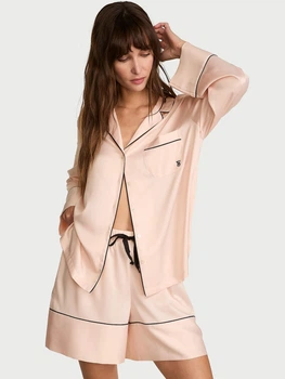 Піжама (сорочка + шорти) Victoria's Secret Signature Satin Long-Sleeve Short Pajama Set XS Рожевий (27178741D)