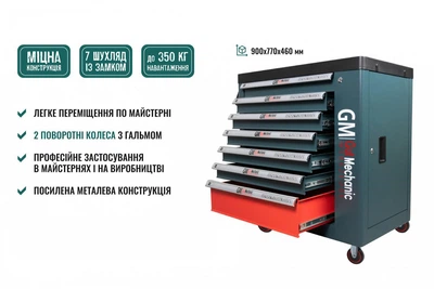 Шафа-візок для інструментів GUT MECHANIC 7 шухляд 900*770*460MM (Пластмасовий стіл, на замок) TTS00770