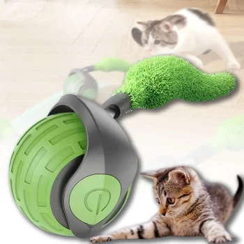 Іграшка для котів інтерактивна М'ячик з хвостом, що рухається Cat toy ball Зелений