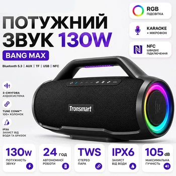 Портативна бездротова Bluetooth колонка караоке з мікрофоном Tronsmart Bang Max IPX6 |BT5.3, AUX, 130W, NFC, AUX/TF/USB, TWS, 24h Max| з RGB підсвічуванням