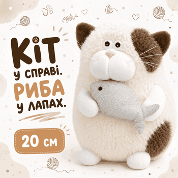 Мягкая игрушка ToyCloud плюшевый кот с рыбкой в лапках 20см C6302