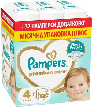 Подгузники Pampers Premium Care Размер 4 (9-14 кг) 188 шт (8006530223829)