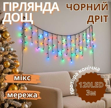 Гирлянда Дождь черный провод прозрачная коническая лампа 3 м 120 LED (микс) 120-SHORT-CURTAIN-3M-M