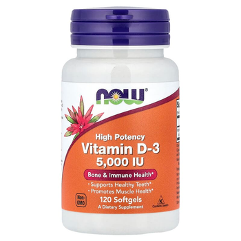 Вітамін Д3 NOW Foods "Vitamin D3" високоефективний холекальциферол для зміцнення кісток, м'язів та імунної системи, 125 мкг / 5000 МО (120 гелевих капсул)