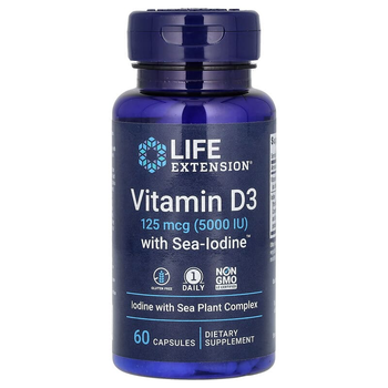 Витамин D3 с йодом Life Extension "Vitamin D-3 with Sea-Iodine" холекальциферол Д3 с комплексом морских растений, 125 мкг / 5000 МЕ (60 капсул)