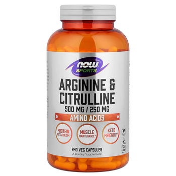 Аргинин и цитруллин NOW Foods, Sports "Arginine & Citrulline" 500 мг / 250 мг (240 вегетарианских капсул)