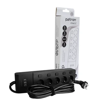 Фільтр мережевий Patron, 5 розеток, 3 м, Black, 3xUSB (SP1653-USB)