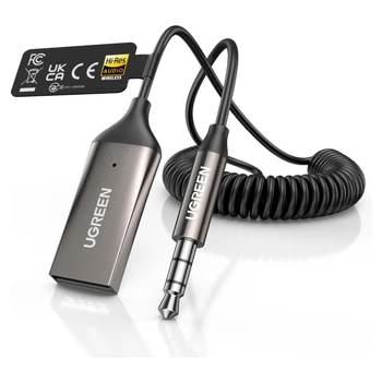 Автомобильный Bluetooth-ресивер Ugreen BT521 AUX 3.5 мм - USB-A Bluetooth 6.0 LDAC Hi-Res Audio с микрофоном спиральный кабель 0.5-1.5 м Серый (85428)
