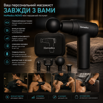 Мини-массажный пистолет HoMedics NOVO Black ручной перкуссионный вибромассажер с подогревом, 4 насадки, 6 скоростей