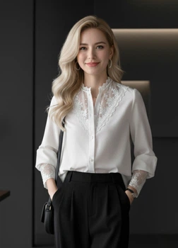 Блузка-сорочка жіноча з мереживною вставкою на грудях та манжетах Fashion Біла 15519 XS (40)
