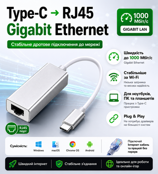 Мережевий адаптер USB Type-C RJ45 Gigabit Ethernet 1000 Мбіт/с LAN для ноутбука U&P SC142 Silver