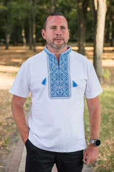 Чоловіча футболка-вишиванка Kosar великого розміру, бавовна, натуральна вишивка,XXXL,Білий з синім