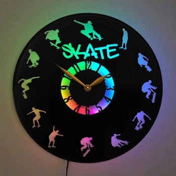 Настенные часы Скейтбординг Skateboarding с LED-подсветкой скейтборд скейтер трюки экстремальный спорт спортивный декор