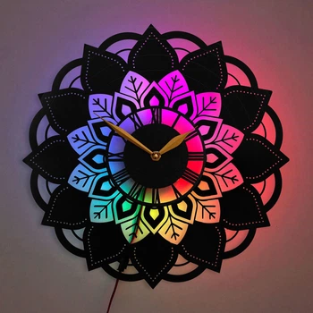 Настенные часы с мандалой с LED-подсветкой, подарок с мандалой, декор с мандалой, цветочные настенные часы, дизайн часов с мандалой, цветочный настенный декор, настенные часы в стиле бохо