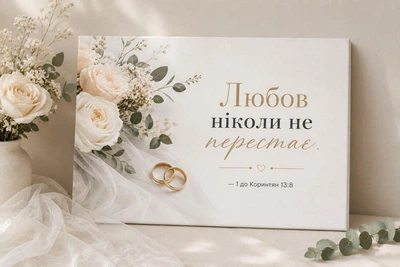 Холст с библейской цитатой о любви "Любовь никогда не перестает" — подарок на свадьбу/венчание, размер 30х45 см