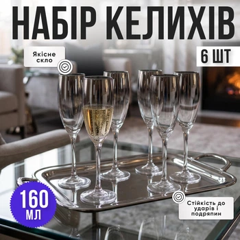 Келихи для шампанського 160 мл набір 6 шт | Скляні фужери для просекко, ігристого вина, коктейлів та святкового сервірування столу