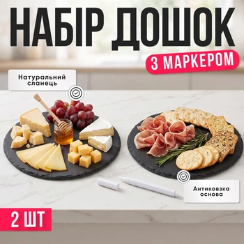Набір сланцевих дощок 2 шт 25 см для подачі закусок та сирів | Круглі сланцеві блюда для сервірування суші, м’яса та десертів