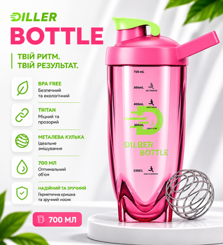 Тритановый шейкер Diller Bottle 700 мл с металлическим шариком (BPA Free) розовый