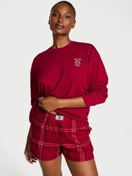 Пижама (свитшот + шорты) женская хлопковая Victoria's Secret Flannel Long-Sleeve Short Tee-Jama Set 27137662 XS Красная (28799765841)