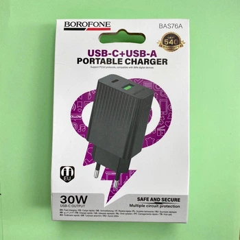 Сетевое зарядное устройство (СЗУ) 30W Borofone BAS76A 1хUSB + 1хUSB Type-C PD/QC/PPS быстрая зарядка