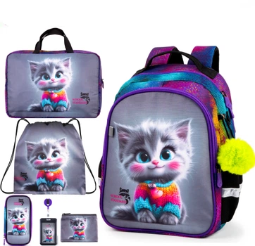 Ортопедический школьный рюкзак 6 в 1 для девочки School Standard 38х28х16 см с Котом для младших классов (SET 160-21)