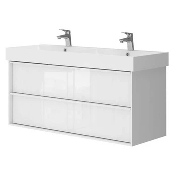 Тумба з раковиною на дві чаші з сифонами Devit QUADRA 083120W, 120 см, біла глянцева