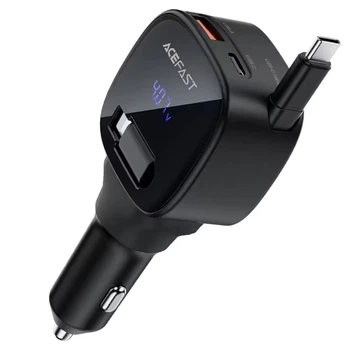 Зарядне автомобільне ACEFAST B17 (USB/Type-C 95W) універсальний пристрій digital display + висувний кабель Type-C, адаптер на Lightning Чорний