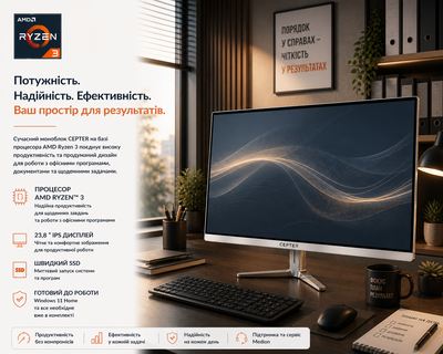 Моноблок 23.8" Medion (Lenovo Group) Cepter A440-01 | AMD Ryzen 3 3200U | IPS (1920x1080) FullHD | RAM 8 ГБ | SSD 512 ГБ | AMD Radeon Vega 3 Graphics | Wi-Fi 5 | Тонкий корпус | Win11 (5086) - Уценка