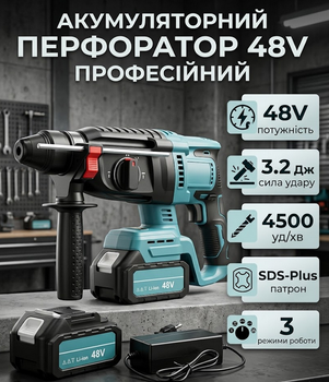 Перфоратор аккумуляторный DUK DHR222 48V 6Ah без щеточный SDS-Plus 3.2 Дж с 2 АКБ