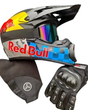 Кросовий шолом ендуро Red Bull з окулярами рукавицями та підшлемником