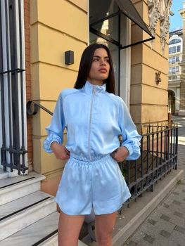 Костюм женский прогулочный шорты+кофта голубого цвета 38411 42/44