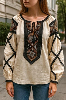 Жіноча вишиванка бежева з чорним 2XL