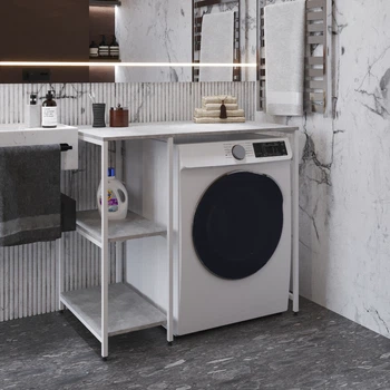 Стелаж полку Бафрум 405 Ferrum-decor для пральної машини 90x101x60,5 Білий метал ДСП Бетон 16 мм (BED40508)