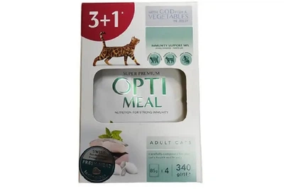 Корм для котов 3+1 Adult Cats Fish and Vegetable in jelly с треской и овощами в желе 340 г Optimeal