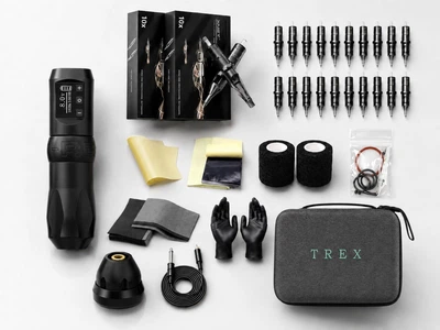 Супер комплект набір для тату майстра, тату машинка Ambition T-Rex + перехідник RCA + картриджі + бандаж
