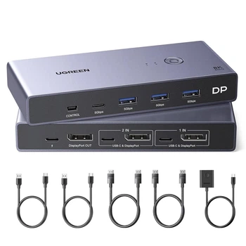KVM-переключатель Ugreen 8K@60Hz Displayport KVM Switch, DP 1.4 KVM Switcher Support 4K@240Hz, 4 Port USB Grey (CM695)