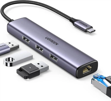 USB-концентратор UGREEN USB C Hub Ethernet гигабитный сетевой адаптер USB C с портом RJ45 LAN Grey (CM475)