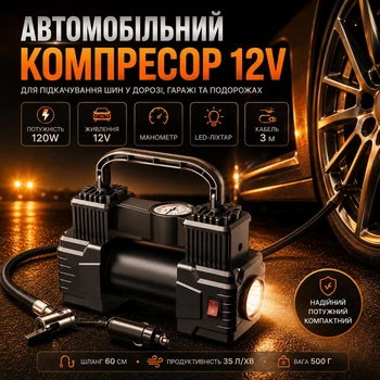 Портативный автомобильный компрессор для шин с подсветкой и манометром, автокомпресор. чёрный
