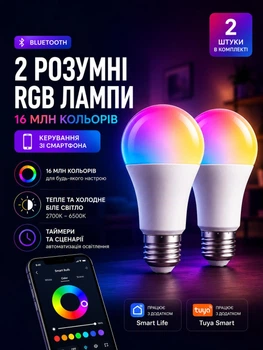 Розумна Smart лампочка LED E27 RGB різнокольорова смарт лампа з керуванням Bluetooth у додатку Tuya 2 шт