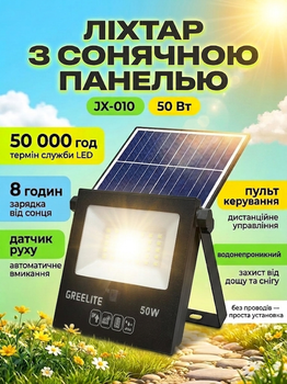 Прожектор акумуляторний із сонячною панеллю та датчиком руху JX 010 50W Solar Pro вуличний ліхтар на акумуляторі з пультом