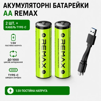 Акумуляторні батарейки 2 шт AA REMAX 1.5V Li-ion 1750mAh (3071mWh/3.7V) USB Type-C + кабель для заряджання