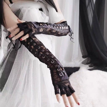 Митенки кружевные готические со шнуровкой черные Y2K one size (GOTH33)
